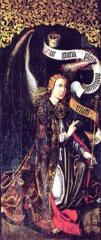 L'archange Gabriel, peint sur le retable du Jugement Dernier.