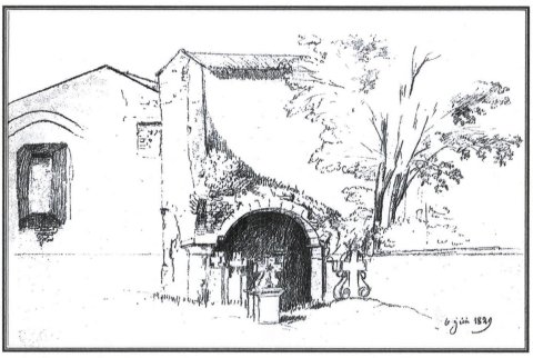 Vue extérieure des vestiges de l'église et du cimetière. Dessin fait le 6 juin 1829.
