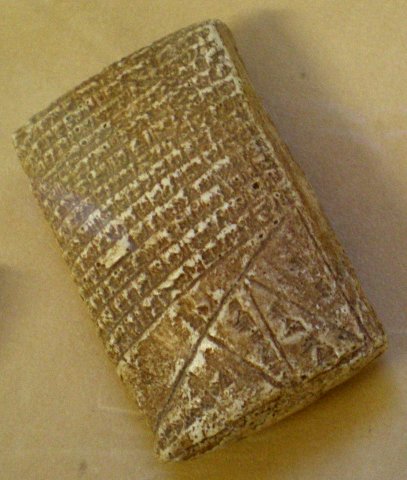 Vitrine de la Mésopotamie. Tablette à écriture cunéiforme (moulage). Région de Bagdad. 1700 av. J.-C.