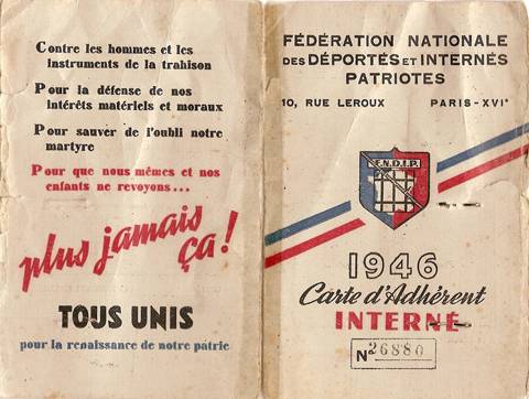 Carte d'adhérent de la Fédération Nationale des Déportés et Internés Patriotes de Mme Klinger.